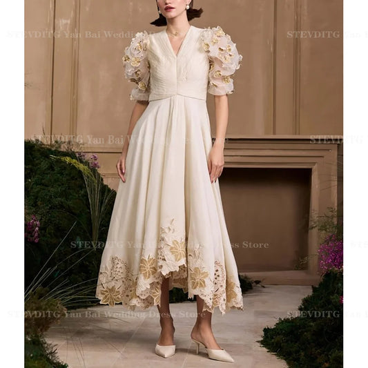 Klassisches Ballkleid mit V-Ausschnitt und halben Ärmeln, modische Applikationen, Tee-Länge, A-Linien-Kleid, Cocktailparty, Stern, roter Teppich, Damenkleid