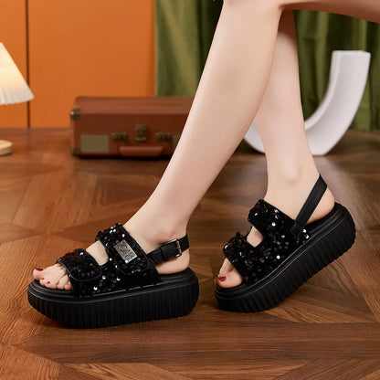 AUTUSPIN 6cm Women Flat Sandals Fashion Platform Ladies Shoes Bling Bling Sequined Cloth Female High Heels Chunky Rome Sandalias