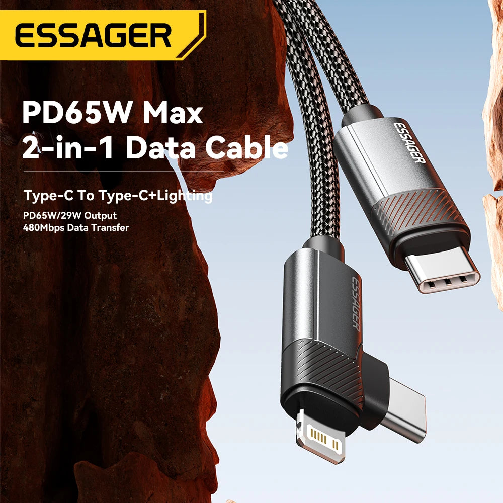 Essager 2-in-1 Right Angle Cable PD 65W 29W Fast Charging Elbow Data Cable For iPhone 15 14 13 MacBook Lenovo Asus Dell iPad Pro.