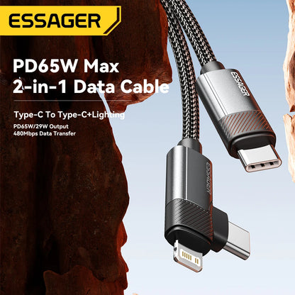 Essager 2-in-1 Right Angle Cable PD 65W 29W Fast Charging Elbow Data Cable For iPhone 15 14 13 MacBook Lenovo Asus Dell iPad Pro.