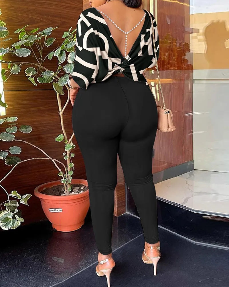 Autumn Women's Clothing New Fashion Print Sexy Backless Round Neck Five Quarter Sleeve Pants Two-piece Casual Comfortable Set