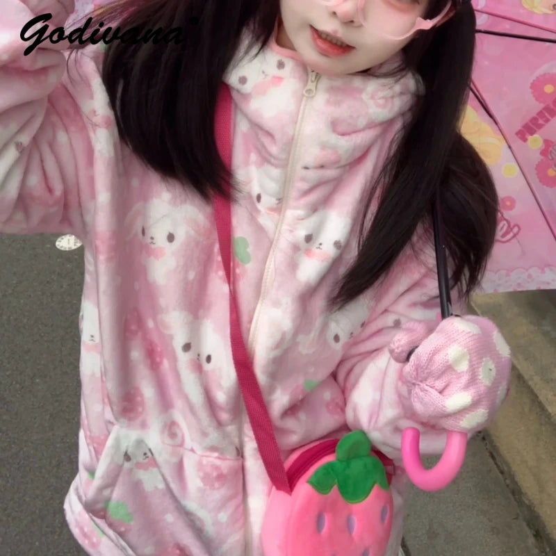 Japanese New Winter Sweet Cute Cartoon Rabbit Flannel Pajamas Set Daughter Girls Pink Thickened Loungewear Women's Sleepwear.