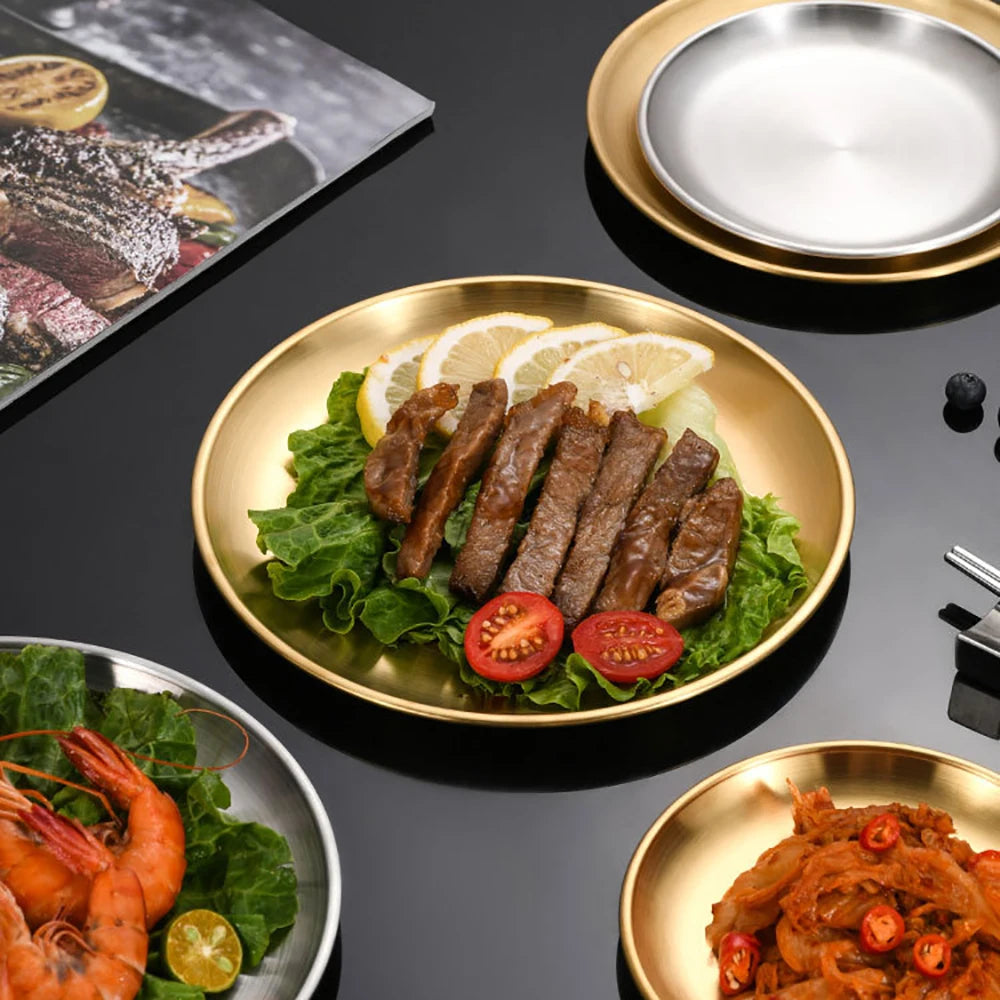 1Pcs Gold Stainless Steels Metal Round Plate Rust-Proof Shallow Tray Plate Camping Plate BBQ Picnic Dishes Cookware Tableware.