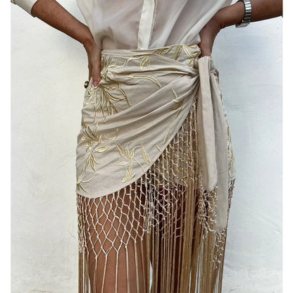 MUJER Embroidery Lace Long Skirt Woman High Waist Midi Skirts for Women Summer Beach Skirt Woman Tassel Women's Skirts Cylinder.