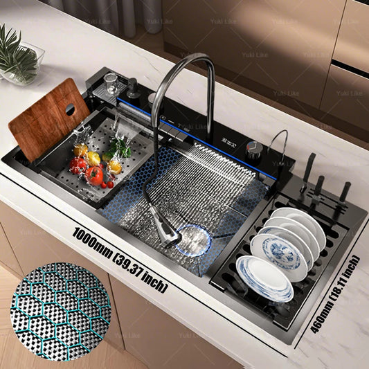 Stainless Steel Waterfall Kitchen Sink New With Draining Rack Digital Display Large Single Slot Dishwashing Sinks Wash Bowl