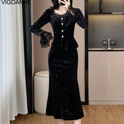 VigoAnne 2025 Black Long Sleeve Top And High Waist Korean Skirt 2 Piece Sets Woman Spring Autumn Velvet Long Dress Suit Ladies.