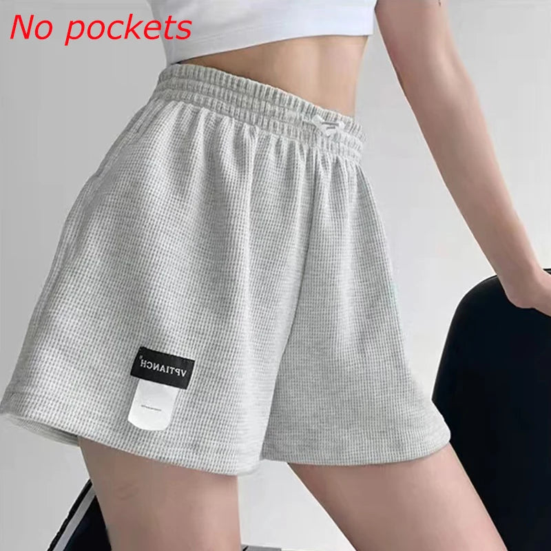 2025 Waffle Women's Shorts High Waist Black Shorts Casual Aesthetic Elastics Hot Pants Loose Summer Women's Clothing Bottoms