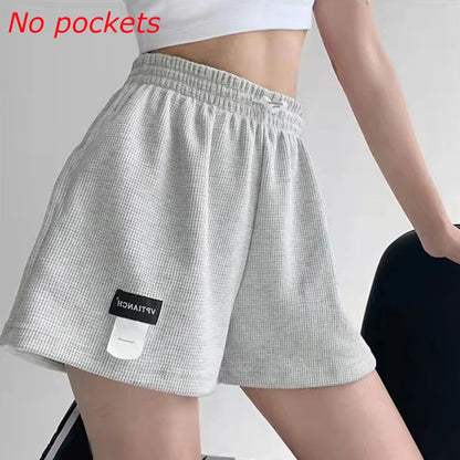 2025 Waffle Women's Shorts High Waist Black Shorts Casual Aesthetic Elastics Hot Pants Loose Summer Women's Clothing Bottoms