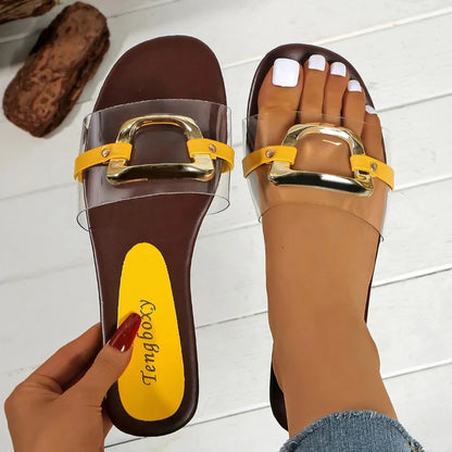 Summer 2025 New Women's Large Fashion Sandals and Slippers Summer New Flat Metal Strap Sandals.