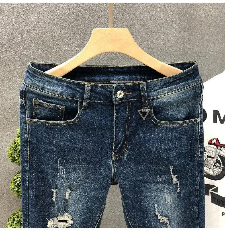 Trendy Unique Holed Men's Jeans Straight Leg Slim Fit Cropped Pants Summer Style Casual Business Fashion Shorts For Men.