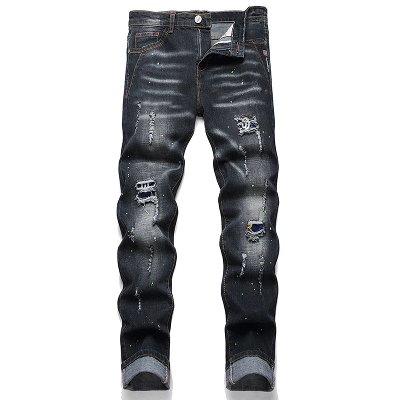 Mode Neue Slim Stretch Zerrissene Jeans männer Streetwear Farbe Flecken Denim Hosen Hip Hop Punk Persönlichkeit Loch Männliche Hosen.