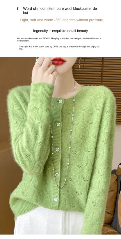 2024 Autumn And Winter New Round Neck Hollowed Out 100 Wool Knitted Cardigan Women's Versatile Coat Loose Casual Sweater DMR281.