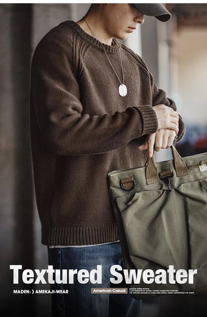 Maden New Vintage Heavyweight Knitted Crew-neck Sweater Brown Warm Pullover Men's Versatile Top for Autumn and Winter Knitwear