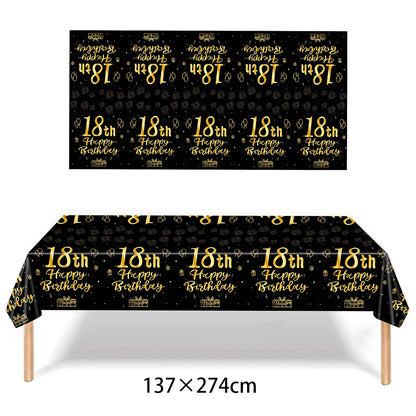 Dekore zum 18. Geburtstag für Jungen und Mädchen, Schwarz-Gold, Party-Banner, Ballon-Tischdecke, Teller, Tasse, Serviette, Partyzubehör zum 18. Geburtstag.