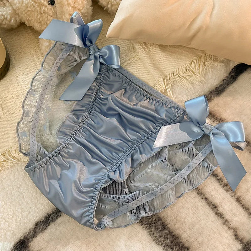 Women Sexy Satin Lace Mesh Transparent Bow Underwear Cute Lovely Sweety Princess Style Soft Panties Ruffles Breathable Breifs.