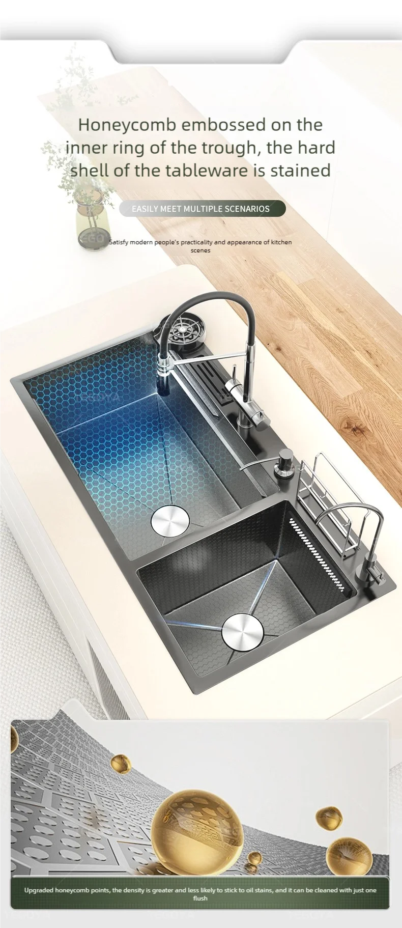 Waterfall Kitchen Sink Stainless Steel Large Double Slot With Chopping Board Rack Knife Holder Multifunctional Dishwash Basin