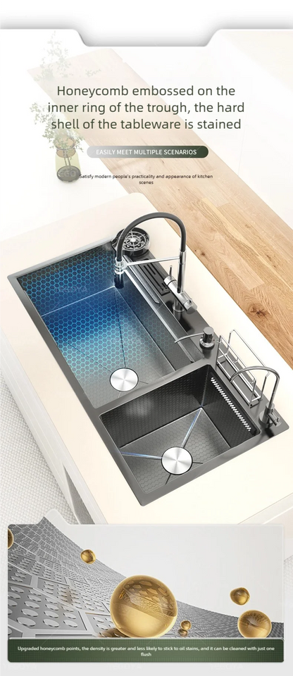 Waterfall Kitchen Sink Stainless Steel Large Double Slot With Chopping Board Rack Knife Holder Multifunctional Dishwash Basin