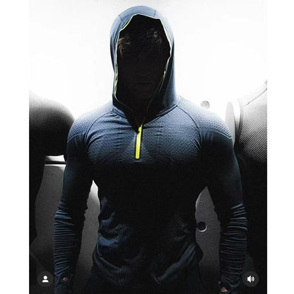 Men's Quick Dry Breathable Slim Fit Elastic Hooded Zipper Long Sleeve Fitness T-Shirt for Gym Sports Casual.