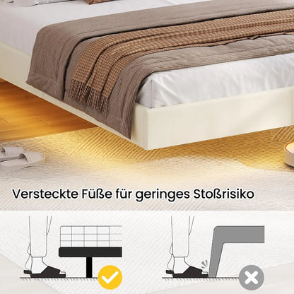 140x200 cm Polsterbett mit LED-Beleuchtung, schwebendes Bettgestell mit visuellem Effekt und Lattenrost, Bett 140x200 cm Bettrahmen