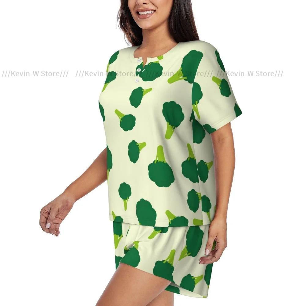 Damen-Pyjama-Set, kurzärmelig, Brokkoli-Hintergrund, Nachtwäsche, Loungewear für Sommer-Nachtwäsche.