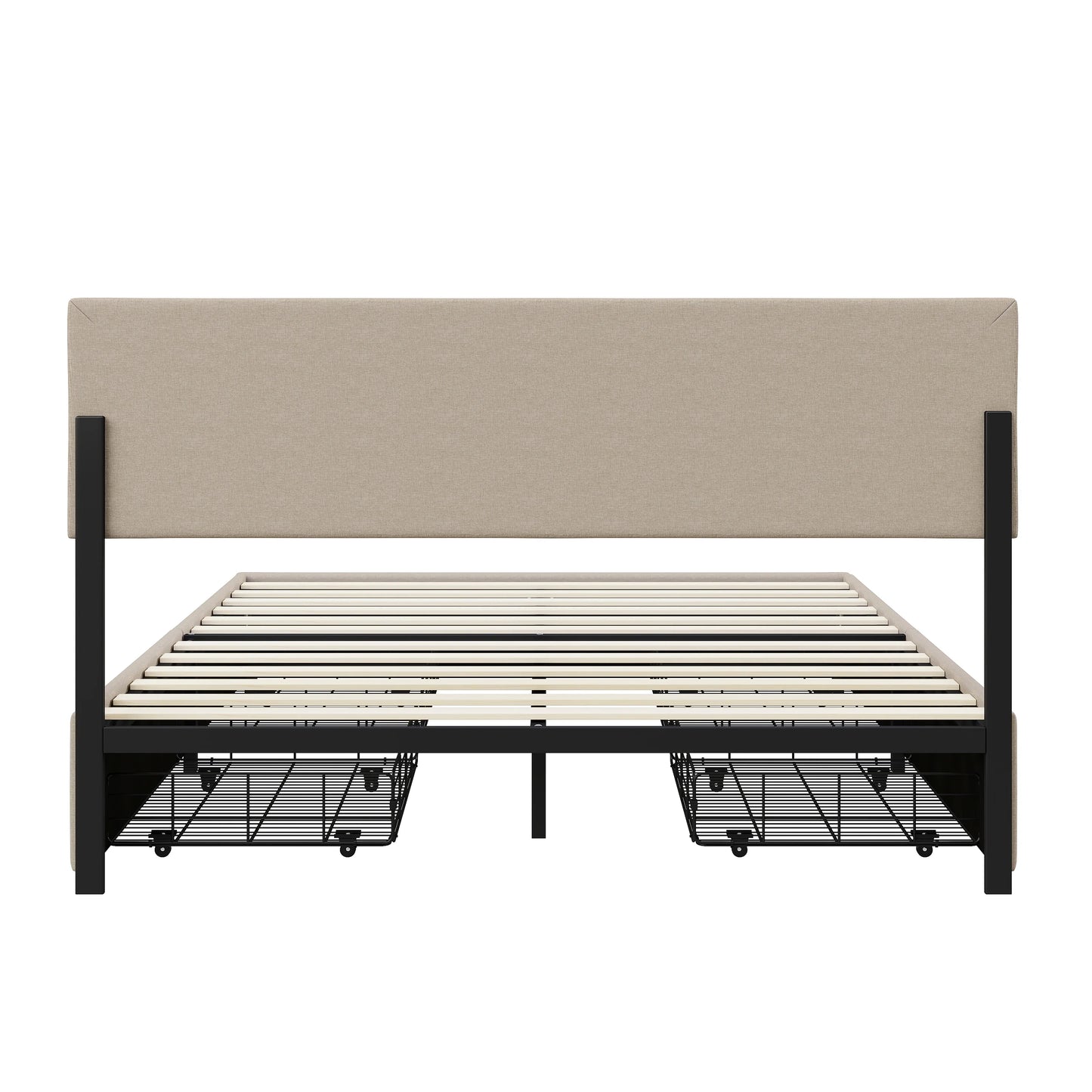 Lazyspace Beige-Leinen-Polsterbett, Doppelbettrahmen, Stauraumbett mit 4 Schubladen und höhenverstellbarem Kopfteil mit RGB-LED