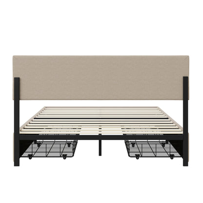 Lazyspace Beige-Leinen-Polsterbett, Doppelbettrahmen, Stauraumbett mit 4 Schubladen und höhenverstellbarem Kopfteil mit RGB-LED