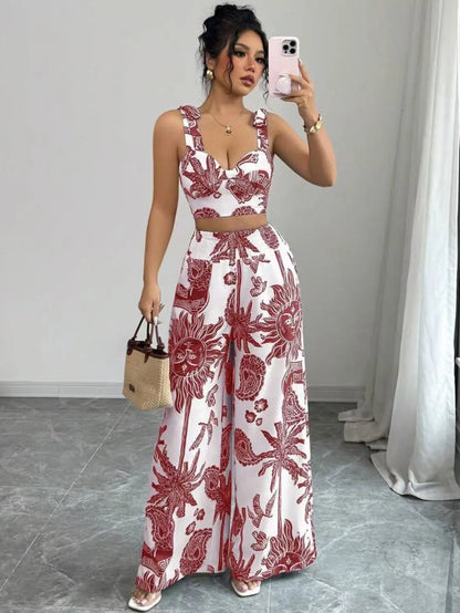 Two Piece Sets Women Pant Print Sling Tops High Waist Wide Leg Pants Drawstring Matching Sets Casual Backless Tops Summer 2025.
