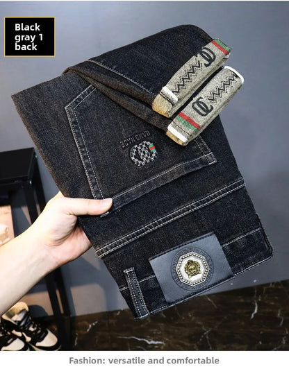 Zerrissene, reguläre, schmale Passform, gerade Jeans, bequem, lässig, Herbstmode, Denim-Hose, klassische, dünne Vintage-Unisex-Herren-Stretchhose.