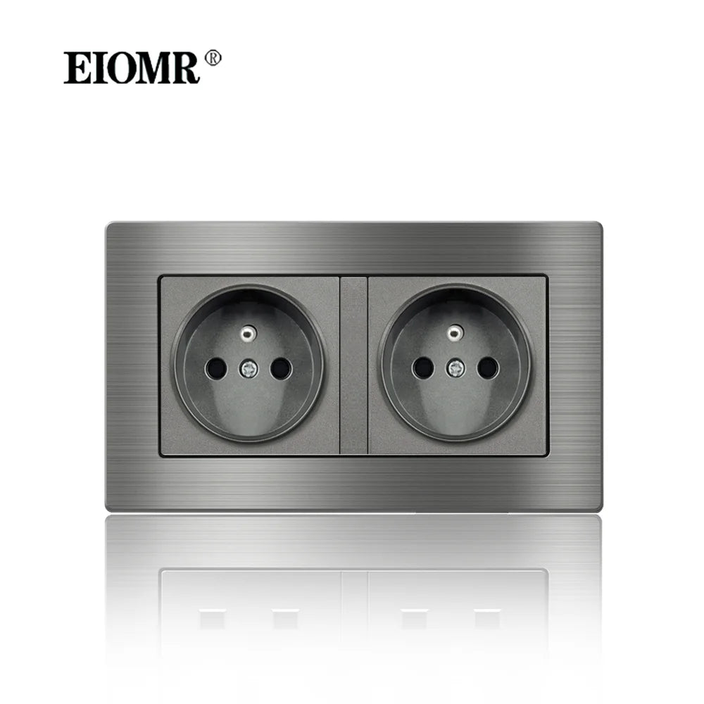 EIOMR Frankreich Standard-Steckdose, graue Aluminiumlegierung, Lichtschalter, RJ45, Fernseher, 220 V, 16 A, Wandsteckdosen für Haushaltsgeräte