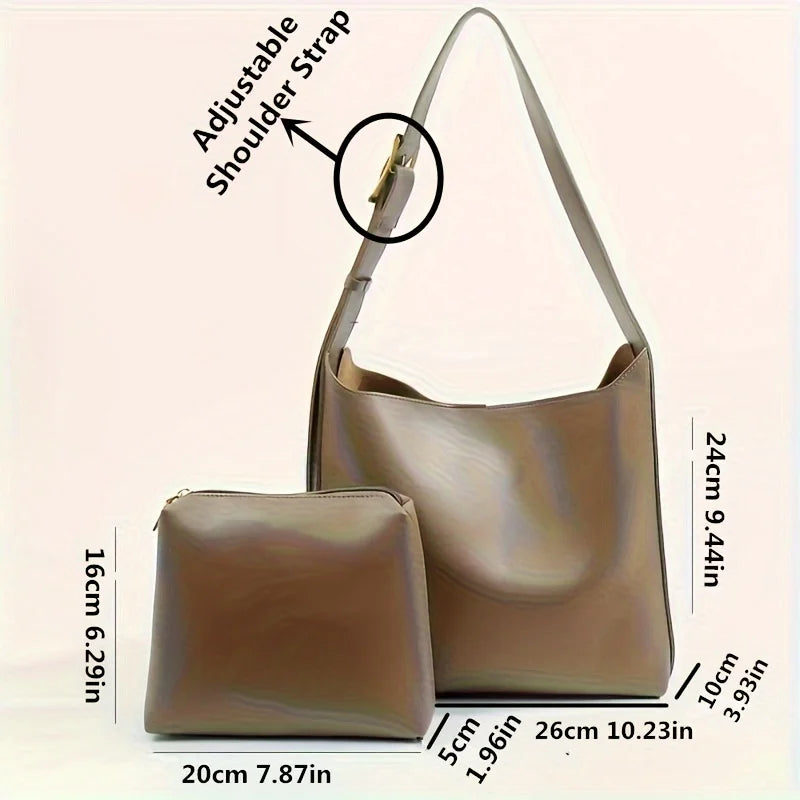 Women's Fashion Tote Bag, Minimalist Shoulder Handbag, Retro Faux Leather Bucket Bag, Polyurethane Lining, No Print.