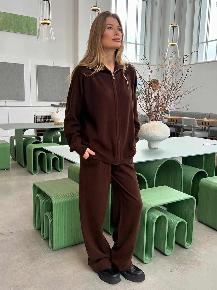 Tornova Zipper Strickjacke Pullover Anzug Weibliche Gestrickte Langarm Casual Mantel Breitbeinig Hosen Pullover frauen Zwei Stück Set