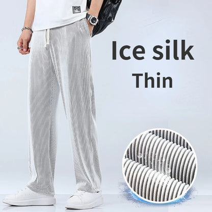 Summer Straight Pants Men's Loose Thin Section Drape Ice Silk Pants Wide Leg Sports Pants Casual Pants Fits 100kg.