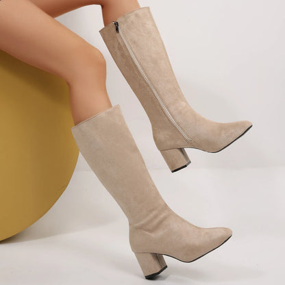 Women Boots Autumn Winter Elastic Slimming Knee-High Boots Fashion Pointed Toe Thick Heel Shoes Woman Side Zipper Casual Botas
