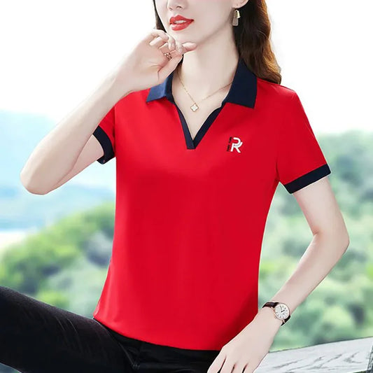Women's Slim Fit Polo Shirt Short Sleeve T-Shirt Casual Sporty Loose Fashionable Summer Top Turn-down Collar Comfortable.
