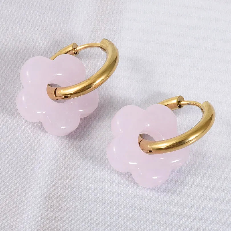 Colorful Flower Glass Drop Charms Earring Gold Color Circle Ear Buckle Hoops Stainless Steel Earrings Fashion Jewelry for Women.