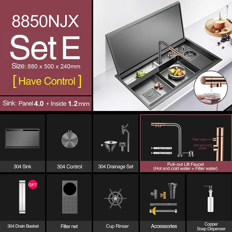 ASRAS Nanometer Black Flip Cover Hidden kitchen Sink 304 Stainless Steel 4mm Thickness Handmade Stepped Sinks Cup Rinser Sinks