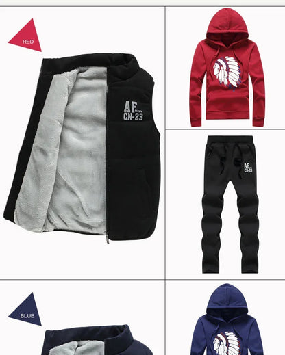 3 Pieces Set Hoodies+Vest+Pants Casual Men's Track Suit Clothing Coats Winter Thick Warm Tracksuit for Men Printed Mens Set Vest