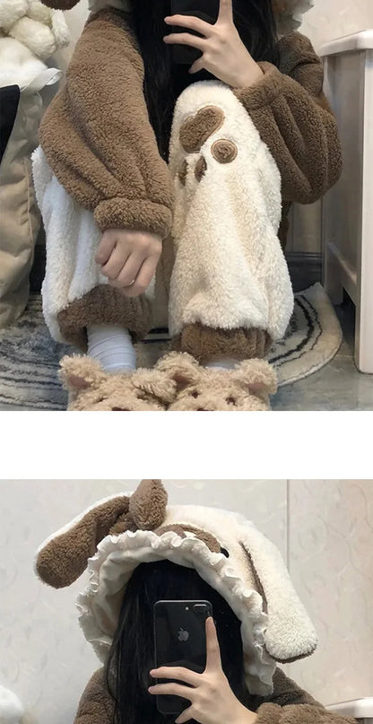 Cute Little Bear Pajamas for Women Thick Warm Fleece Home Wear Set Autumn Nightgown Girls 2025 New Winter Nightclothes 2Pcs.