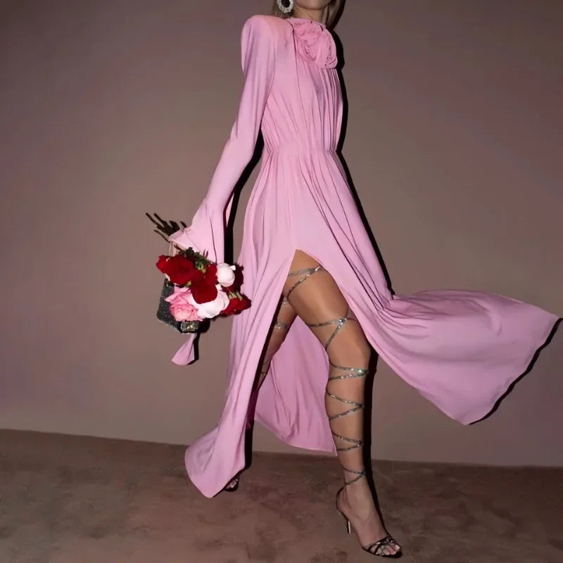 Elegante Y2K Mode Lange Flare Hülse V-ausschnitt Floral Schlitz Party Abendkleid Robe Vintage Frauen Falten Langes Kleid.