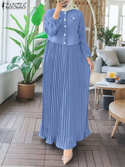 2025 ZANZEA Autumn Maxi Long Dress Women Elegant Long Sleeve Solid Pleated Sundress Patchwork Dresses Muslim Abaya Robe Femme.