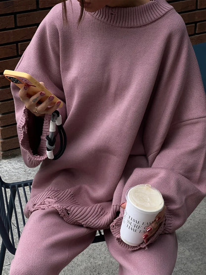 Bornladies Autumn Winter Women's New Turtleneck Knit Sweater Skinny Knit Pants Set Soft Oversized Ripped Hem Fashion Pullover