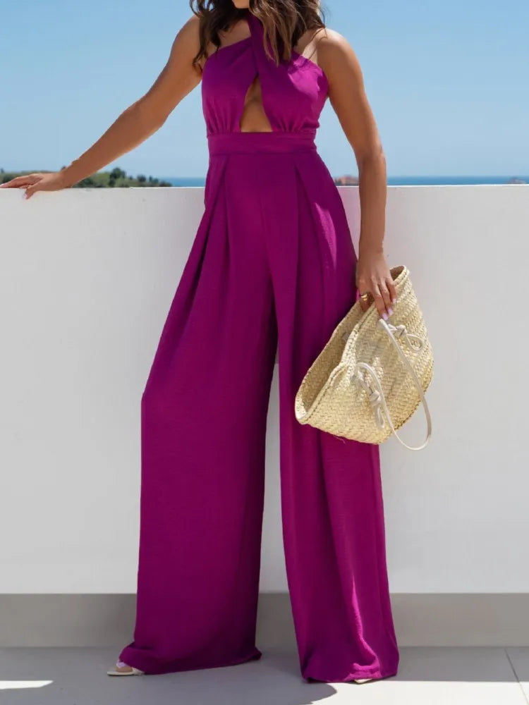 Fashion Sexy Halter Jumpsuit Lady Elegant Sleeveless Hollow High Waist Wide Leg Pants Jumpsuits Women Streetwear Clothes Summer.