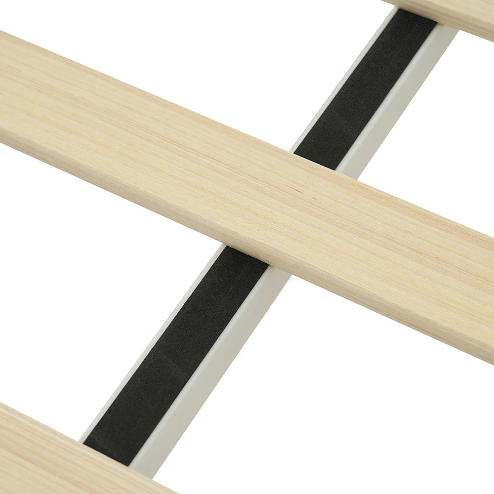 KOMHTOM Holzbett, Kopfteil mit Stauraum, LED-Beleuchtung und beigefarbener Cordpolster-Rückenlehne (Ohne Matratze)