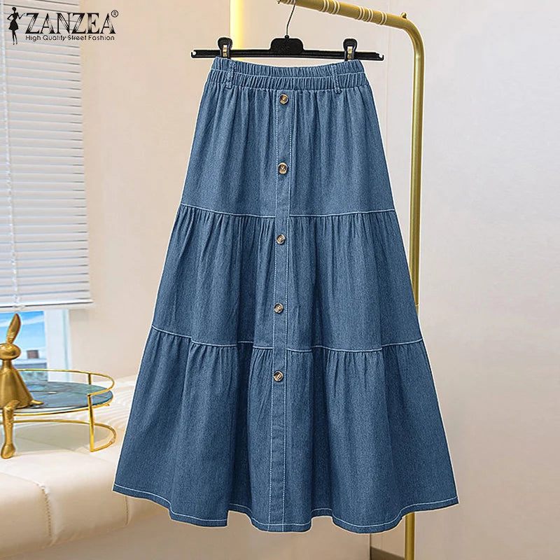 Autumn Elastic Waist Solid Skirts ZANZEA Fashion Women Denim Blue Skirt Elegant A-line Work Overskirts Casual Loose Holiday Jupe.