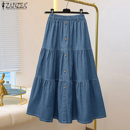 Autumn Elastic Waist Solid Skirts ZANZEA Fashion Women Denim Blue Skirt Elegant A-line Work Overskirts Casual Loose Holiday Jupe.