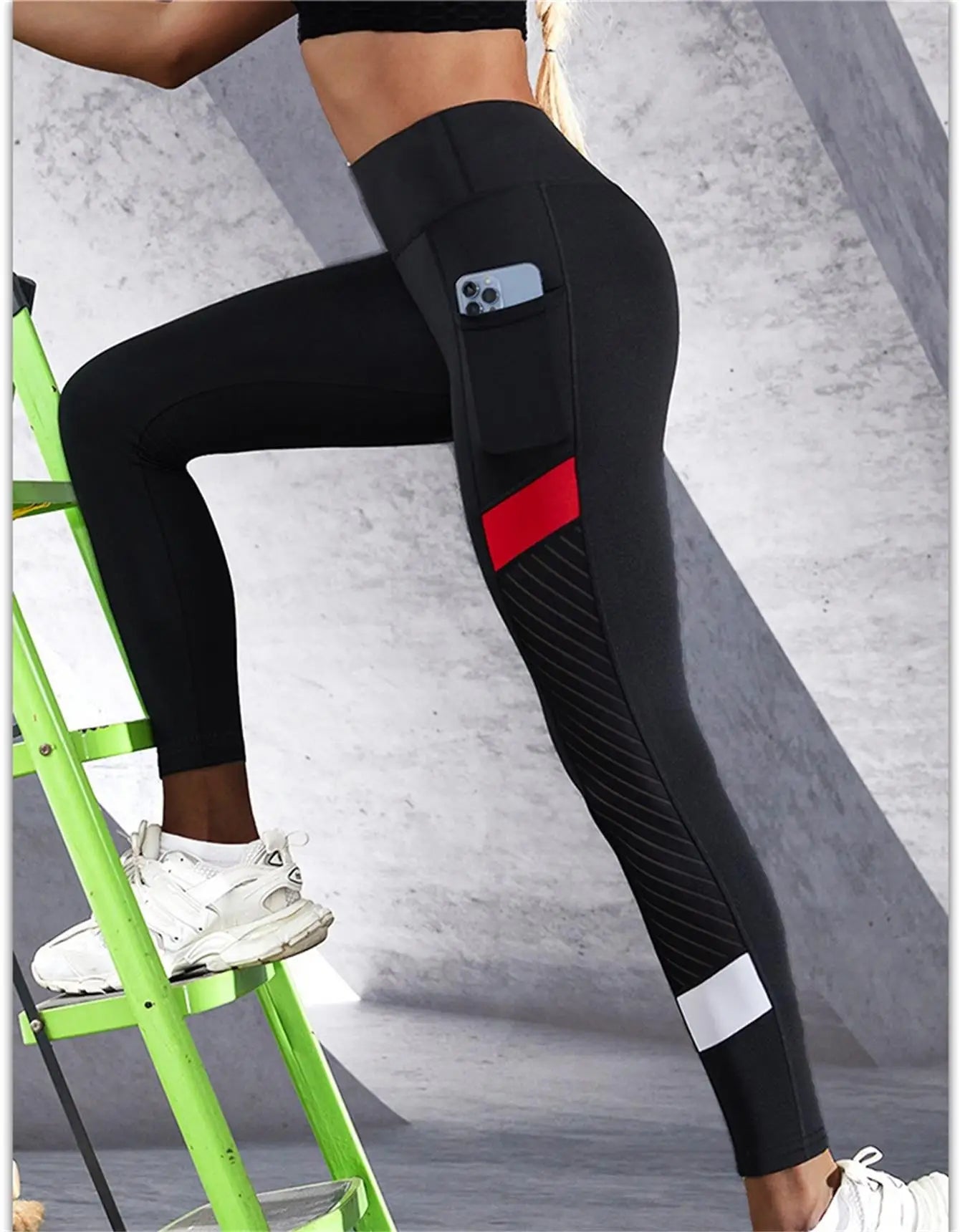 Colorblocked Mesh High Waist Yoga Pants with Side Pockets Leggings for Women Tummy Control Workout Shaping Leggings.