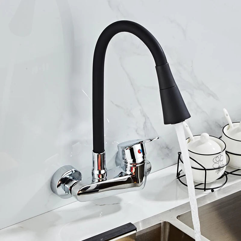 BAKALA Multicolor Wall Mounted Kitchen Faucet 360 Degree Swivel Flexible Hose Double Hole Sink Mixer Tap Wall Kitchen Mixers