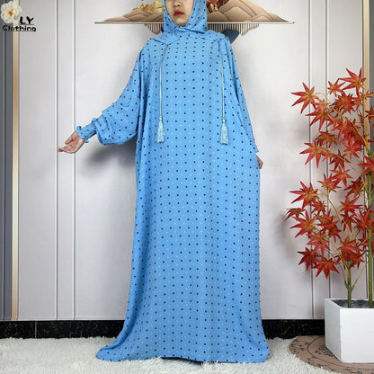 2024New Pure Cotton Ramadan Muslim Two-Hat Abaya Dubai Turkey Islam Prayer Clothes Loose Robe Islamic Women Traditional Clothing