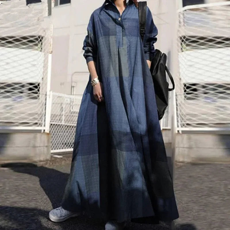 Spring Fashion Cotton Linen Dress Retro Ethnic Style Clothing Printed Loose Long Sleeve Large Swing Dress.