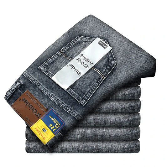 New Business Men's Jeans Casual Straight Stretch Fashion Classic Smoke Gray Blue Black Work Denim Trousers Male Brand Clothing.